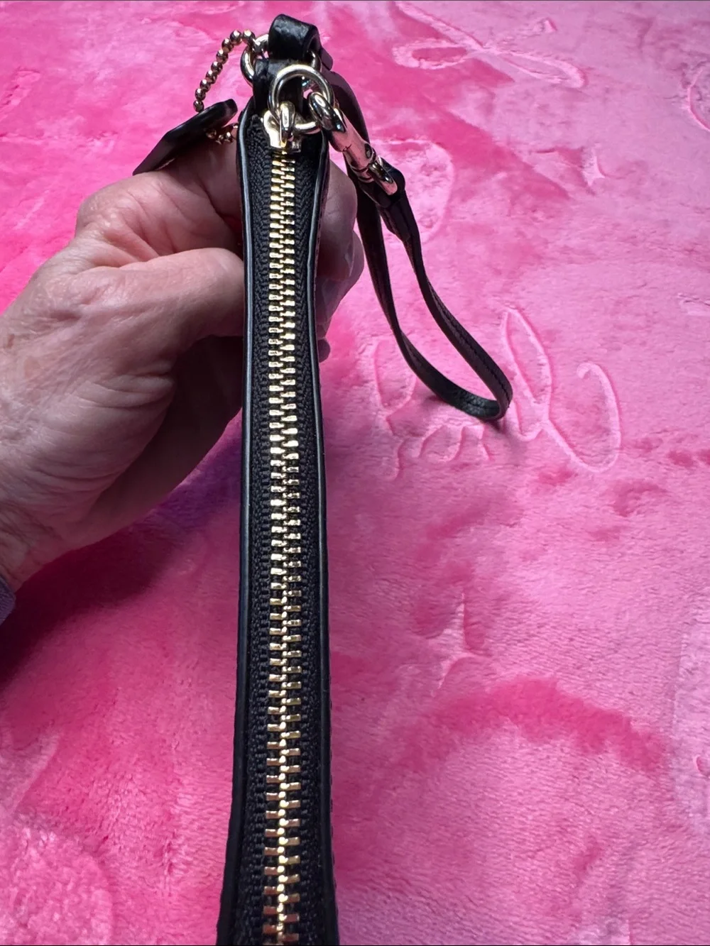 Coach Metallic Bronze & Black Leather Wristlet – Zip Pouch – 6.5 x 4.25